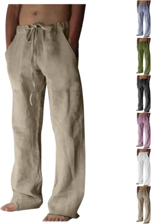 Mens Casual Pants Linen Pants Relaxed-Fit Beach Pants Summer Yoga Pants Drawstring Elastic Waist Pants