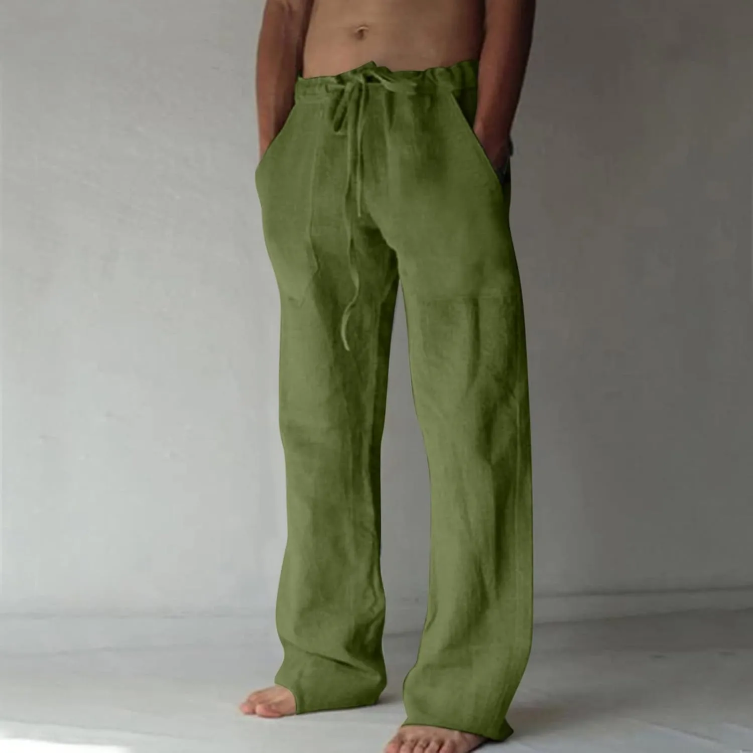 Mens Casual Pants Linen Pants Relaxed-Fit Beach Pants Summer Yoga Pants Drawstring Elastic Waist Pants