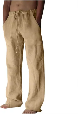 Mens Casual Pants Linen Pants Relaxed-Fit Beach Pants Summer Yoga Pants Drawstring Elastic Waist Pants