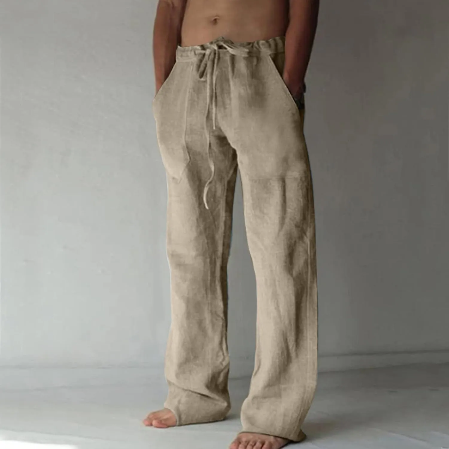 Mens Casual Pants Linen Pants Relaxed-Fit Beach Pants Summer Yoga Pants Drawstring Elastic Waist Pants