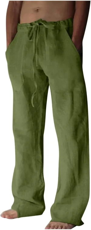 Mens Casual Pants Linen Pants Relaxed-Fit Beach Pants Summer Yoga Pants Drawstring Elastic Waist Pants