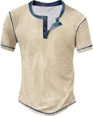 Mens Distressed Henley Shirts Waffle Knit Short Sleeve Button T-Shirts for Men Summer Casual Vintage Tee Shirts