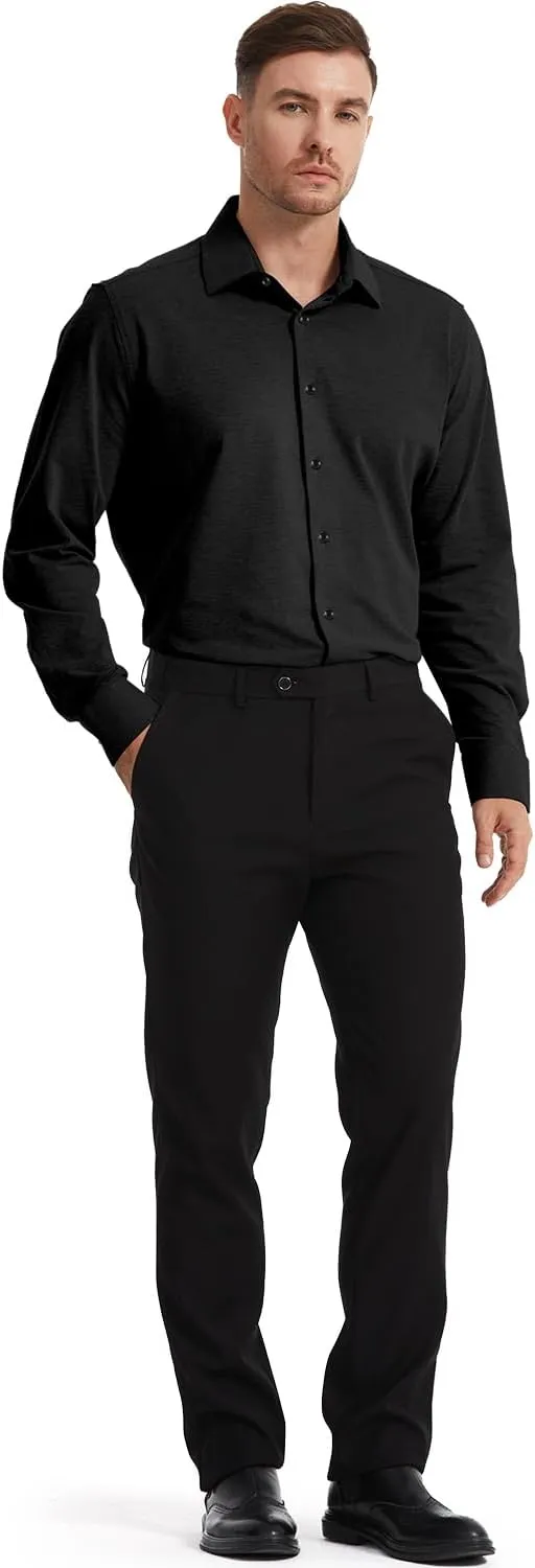 Men's Dress Knitted Shirts Stretch Wrinkle Free Button Down Shirts Long Sleeve Business Casual Shirts Mens