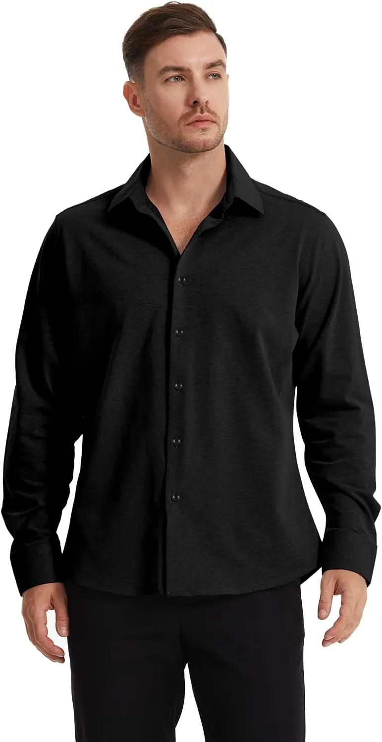 Men's Dress Knitted Shirts Stretch Wrinkle Free Button Down Shirts Long Sleeve Business Casual Shirts Mens