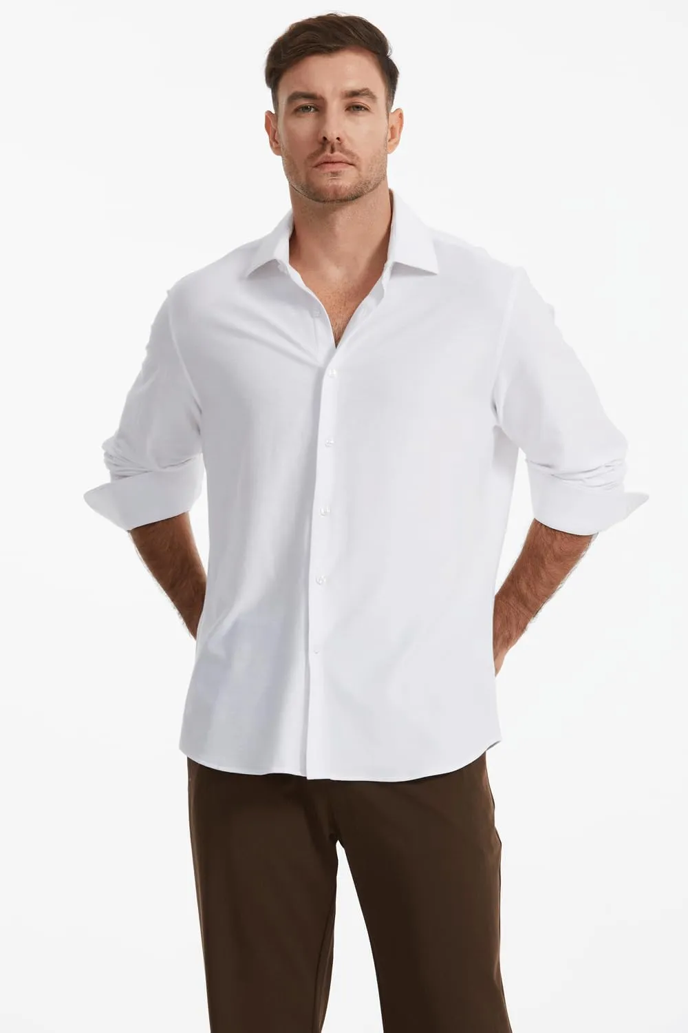 Men's Dress Knitted Shirts Stretch Wrinkle Free Button Down Shirts Long Sleeve Business Casual Shirts Mens
