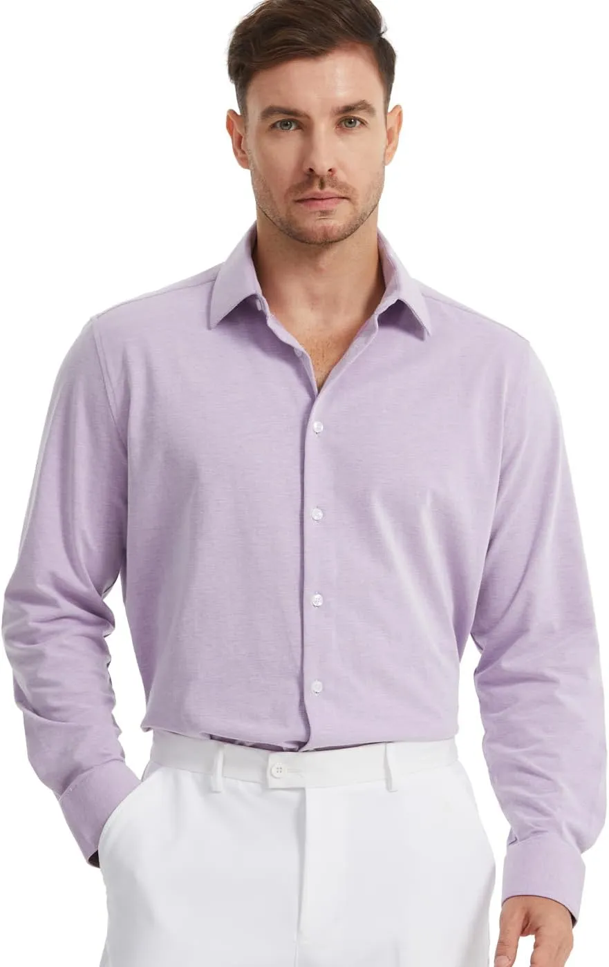 Men's Dress Knitted Shirts Stretch Wrinkle Free Button Down Shirts Long Sleeve Business Casual Shirts Mens