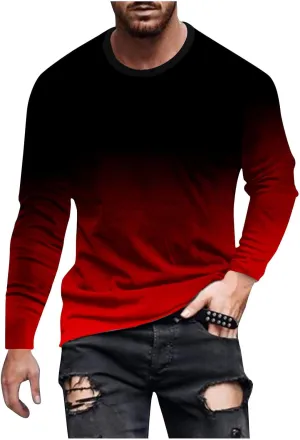 Men's Fashion Gradient Printed Shirts Long Sleeve Round Neck Pullover Athletic Workout Shirts Running Sport Shirts