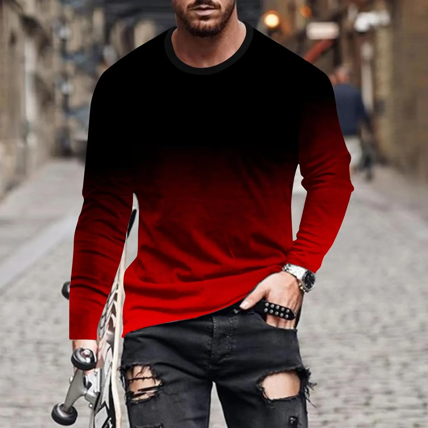 Men's Fashion Gradient Printed Shirts Long Sleeve Round Neck Pullover Athletic Workout Shirts Running Sport Shirts