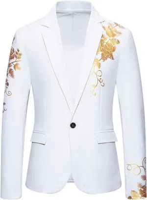 Mens Floral Blazer Jacket Paisley Shawl Lapel Golden Rose Pattern Suit Dinner Party Prom Wedding Tuxedo Sport Coats