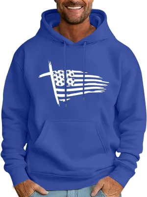 Mens Graphic Hoodies American Flag Cross Print Hooded Sweatshirts Outdoor Patriotic Shirts Long Sleeve Spring Tops