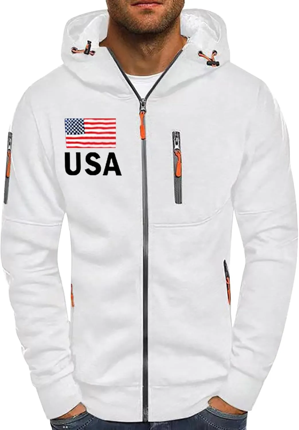 Mens Graphic Hoodies Zip Up USA Flag Hooded Sweatshirts Casual Trendy Patriotic Spring Shirt Long Sleeve Fashion Tops