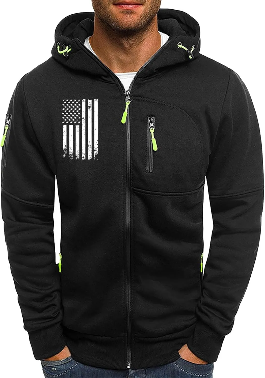 Mens Graphic Hoodies Zip Up USA Flag Hooded Sweatshirts Casual Trendy Patriotic Spring Shirt Long Sleeve Fashion Tops