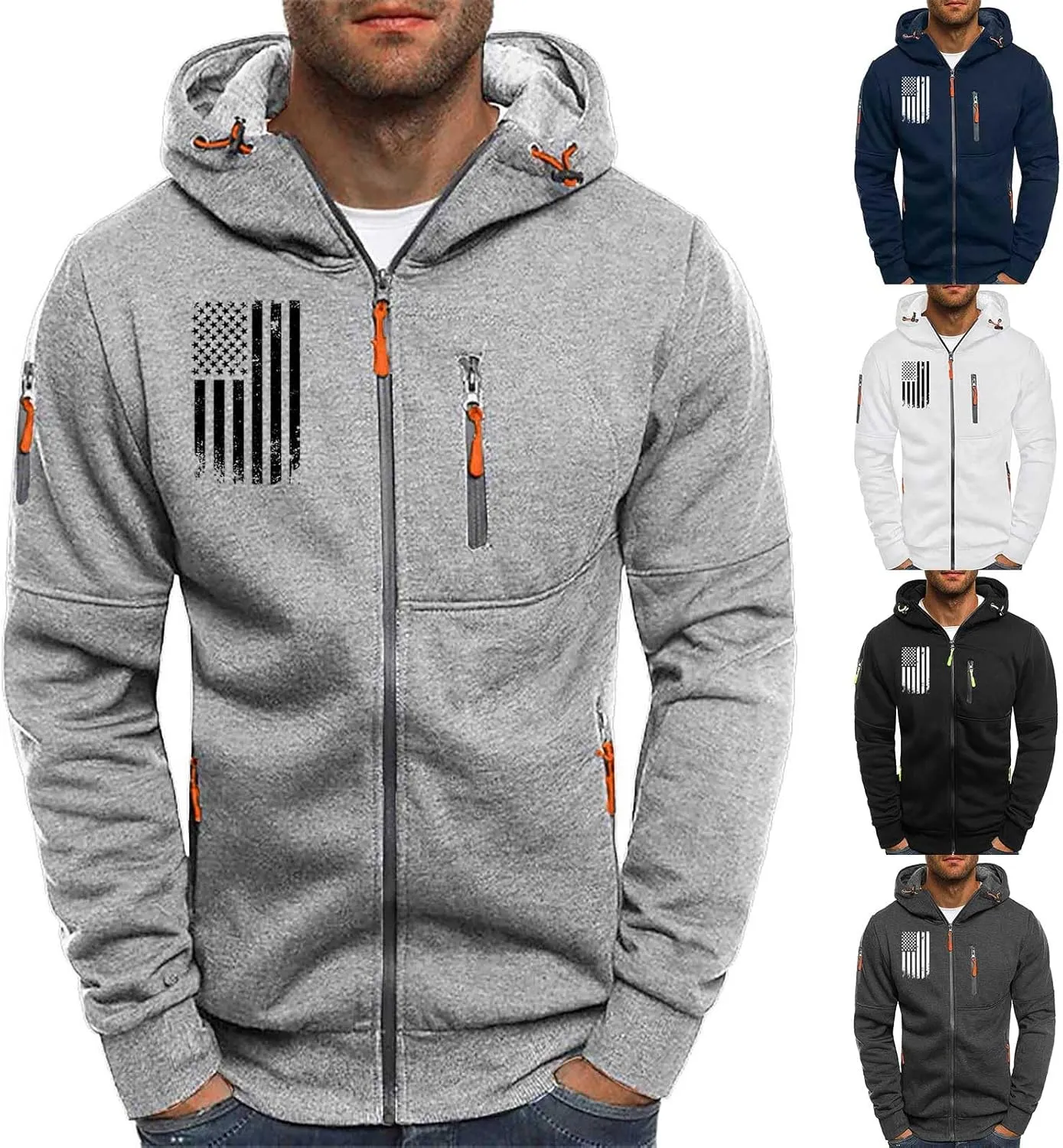 Mens Graphic Hoodies Zip Up USA Flag Hooded Sweatshirts Casual Trendy Patriotic Spring Shirt Long Sleeve Fashion Tops