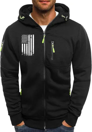 Mens Graphic Hoodies Zip Up USA Flag Hooded Sweatshirts Casual Trendy Patriotic Spring Shirt Long Sleeve Fashion Tops