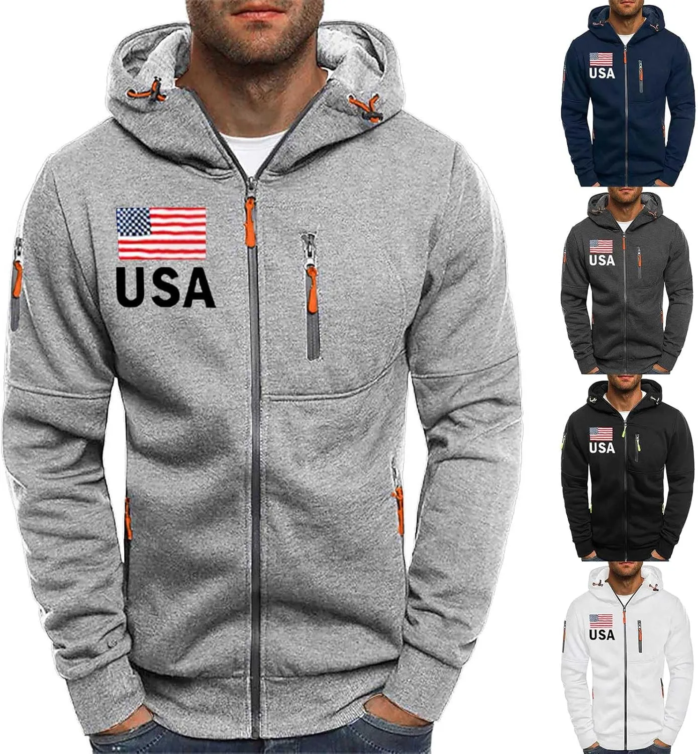 Mens Graphic Hoodies Zip Up USA Flag Hooded Sweatshirts Casual Trendy Patriotic Spring Shirt Long Sleeve Fashion Tops
