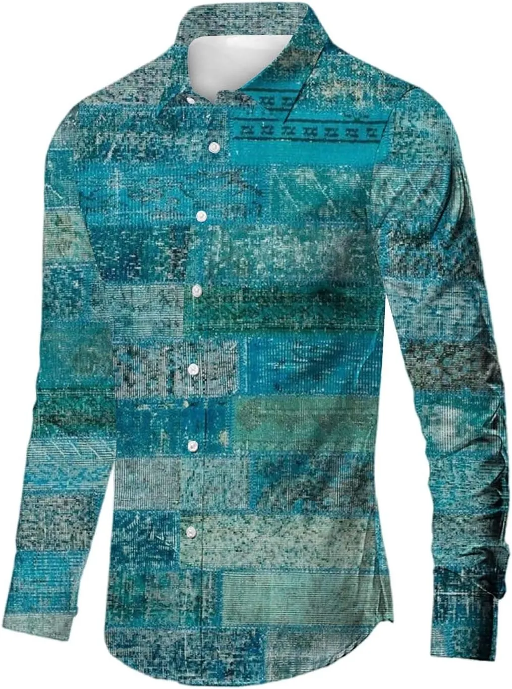 Men's Hawaiian Long Sleeve Shirts Lightweight Casual Patchwork Button Down Shirts Holiday Loose Fit Linen Shirts