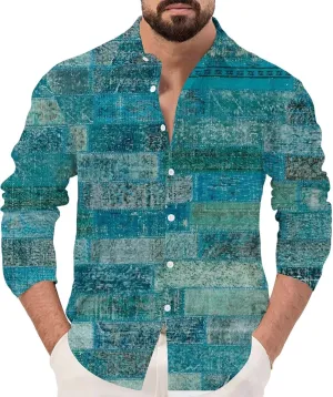 Men's Hawaiian Long Sleeve Shirts Lightweight Casual Patchwork Button Down Shirts Holiday Loose Fit Linen Shirts