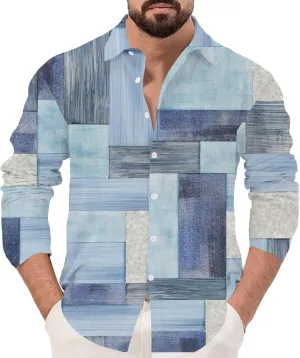 Men's Hawaiian Long Sleeve Shirts Lightweight Casual Patchwork Button Down Shirts Holiday Loose Fit Linen Shirts