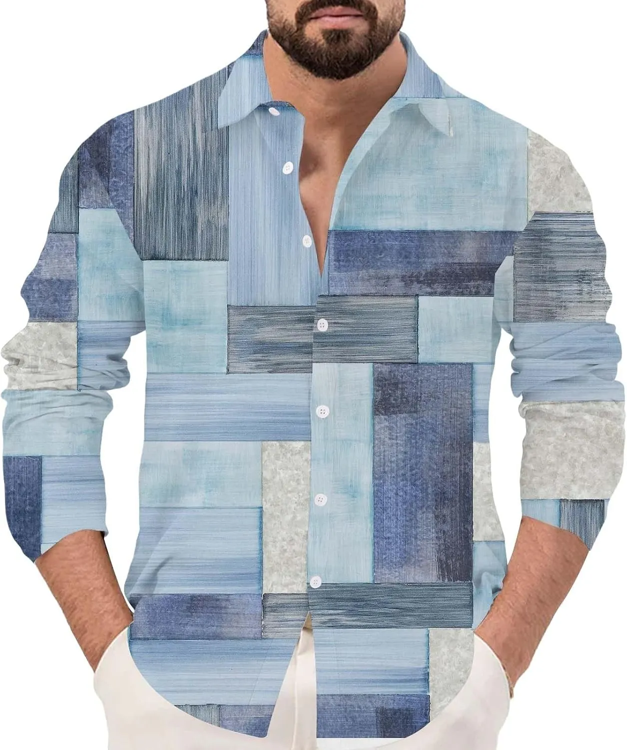 Men's Hawaiian Long Sleeve Shirts Lightweight Casual Patchwork Button Down Shirts Holiday Loose Fit Linen Shirts