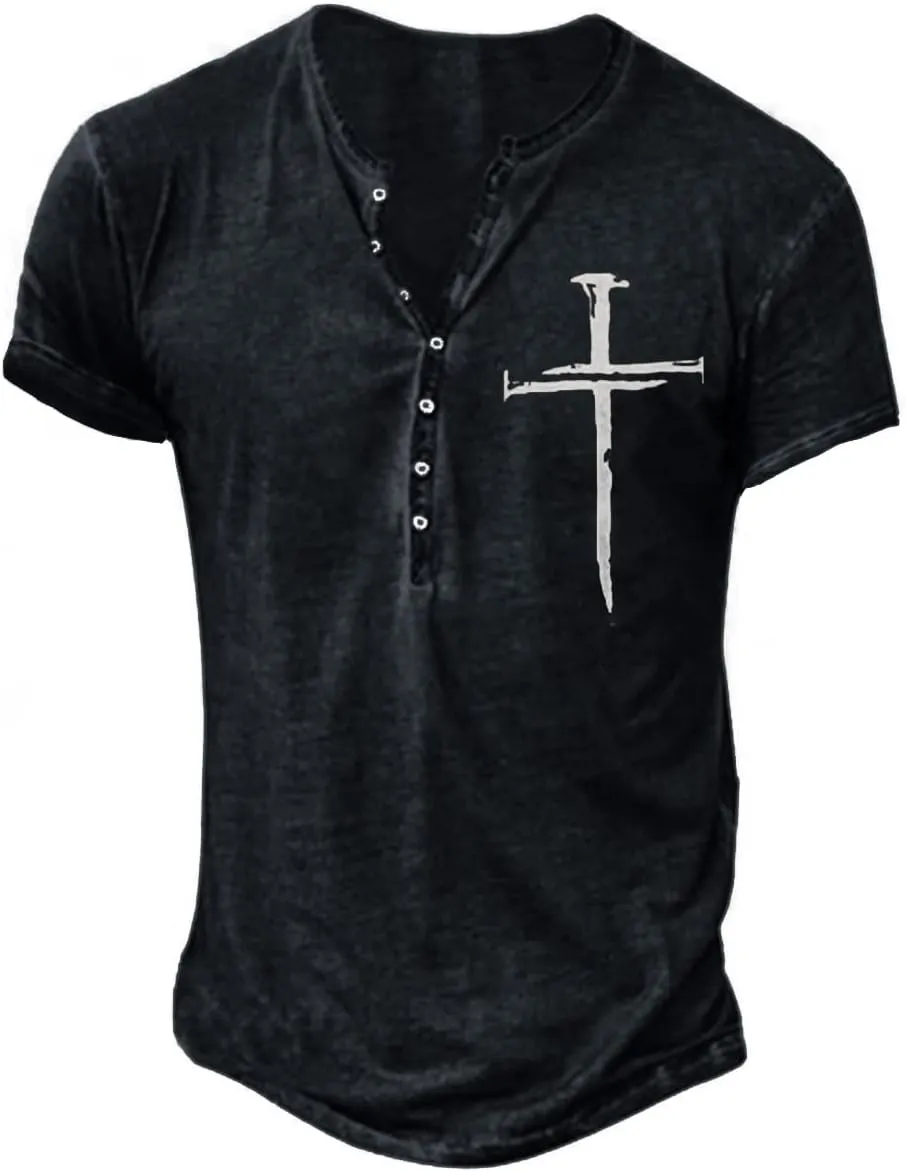 Mens Henley Shirts Retro Short Sleeve Tee V Neck Shirts Casual Button Down Washed T-Shirts for Men S~2XL