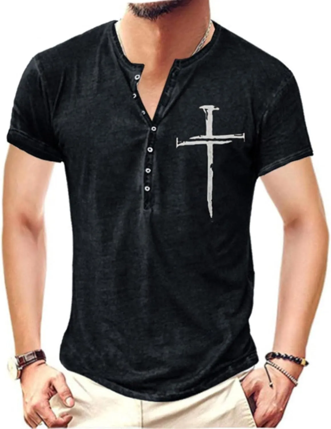 Mens Henley Shirts Retro Short Sleeve Tee V Neck Shirts Casual Button Down Washed T-Shirts for Men S~2XL