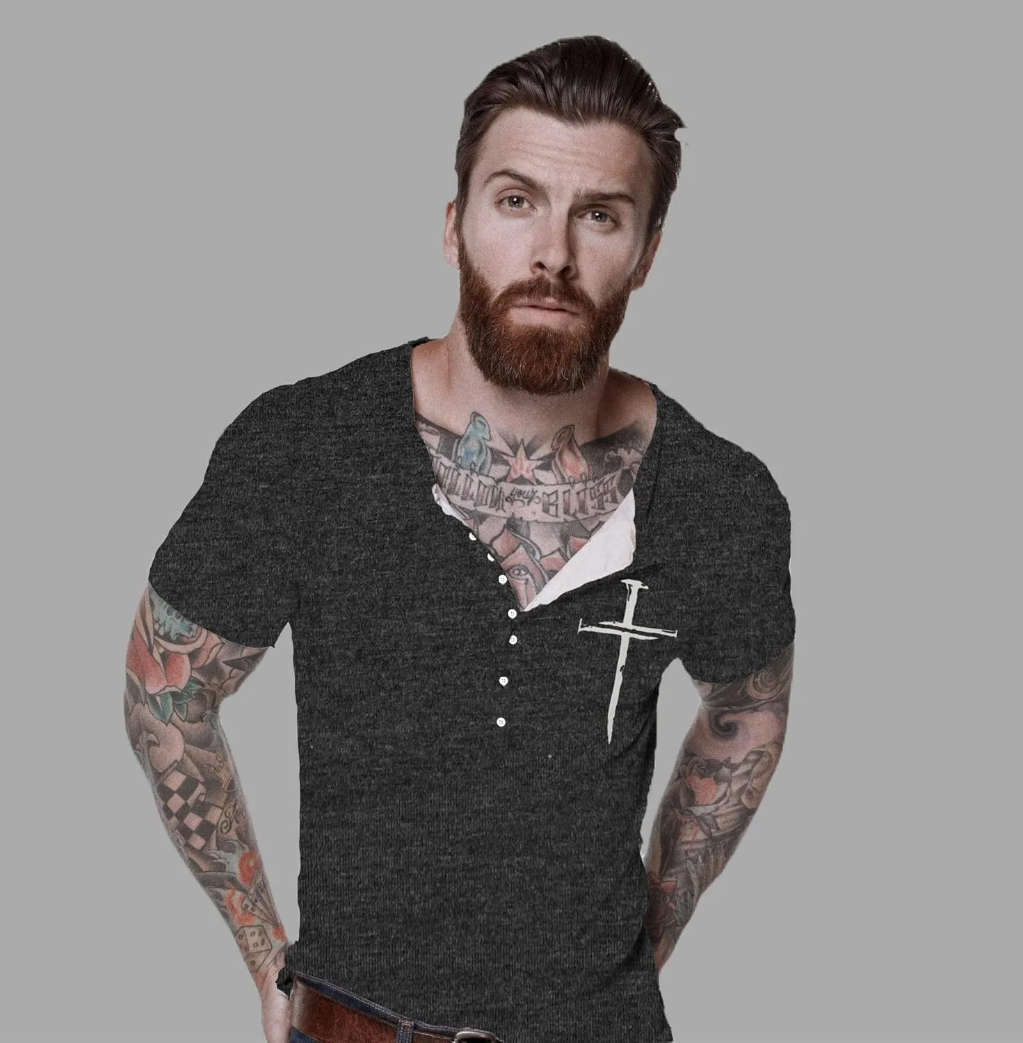 Mens Henley Shirts Retro Short Sleeve Tee V Neck Shirts Casual Button Down Washed T-Shirts for Men S~2XL