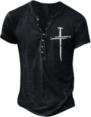 Mens Henley Shirts Retro Short Sleeve Tee V Neck Shirts Casual Button Down Washed T-Shirts for Men S~2XL