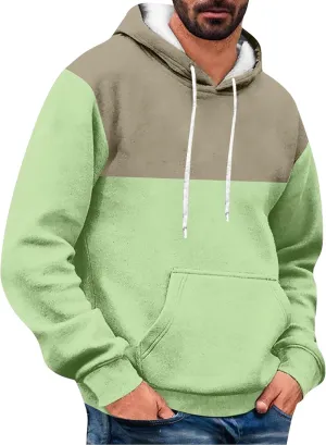 Mens Hoodies Pullover Color Block Drawstring Hooded Sweatshirts Plus Size Trendy Spring Shirt Long Sleeve Fashion Top