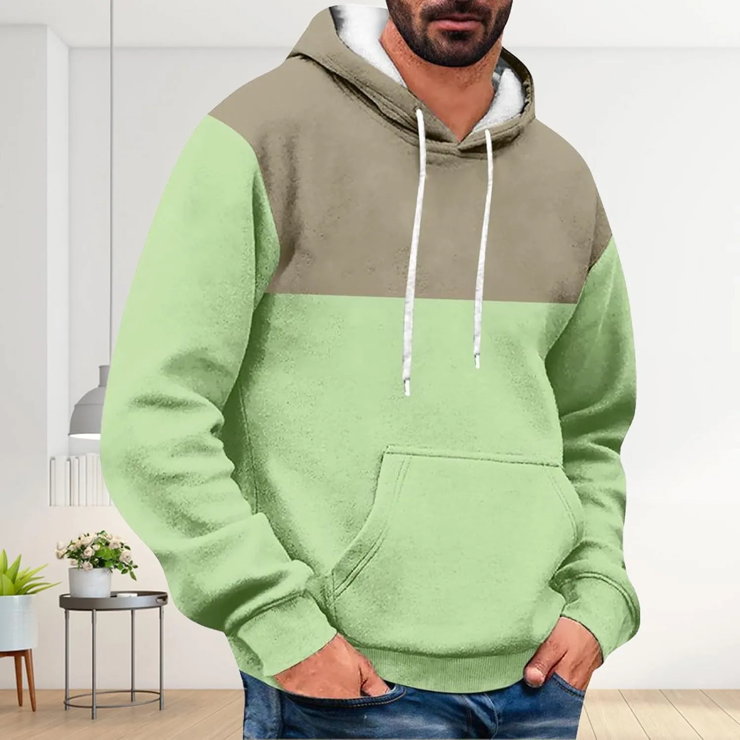 Mens Hoodies Pullover Color Block Drawstring Hooded Sweatshirts Plus Size Trendy Spring Shirt Long Sleeve Fashion Top