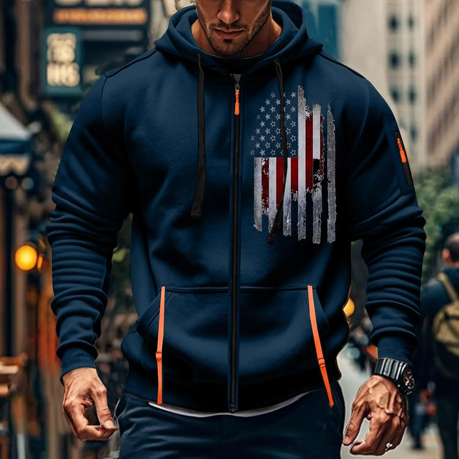Mens Lightweight Hoodie American Flag Graphic Sweatshirts Full Zip Gym Workout Shirt Long Sleeve Patriotic Tops