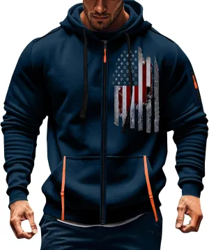 Mens Lightweight Hoodie American Flag Graphic Sweatshirts Full Zip Gym Workout Shirt Long Sleeve Patriotic Tops