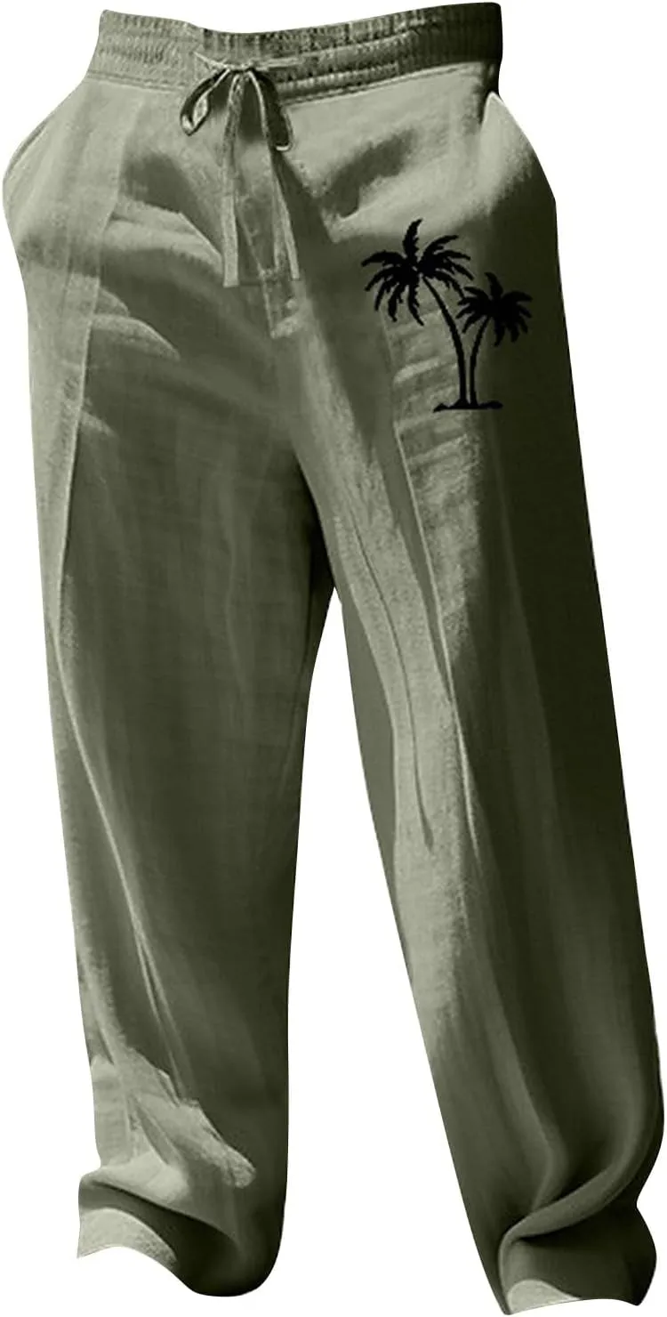 Mens Linen Beach Pants Coconat Tree Graphic Print Dress Pant Comfy Elastic Waist Drawstring Loose Baggy Trousers