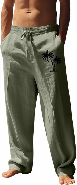 Mens Linen Beach Pants Coconat Tree Graphic Print Dress Pant Comfy Elastic Waist Drawstring Loose Baggy Trousers