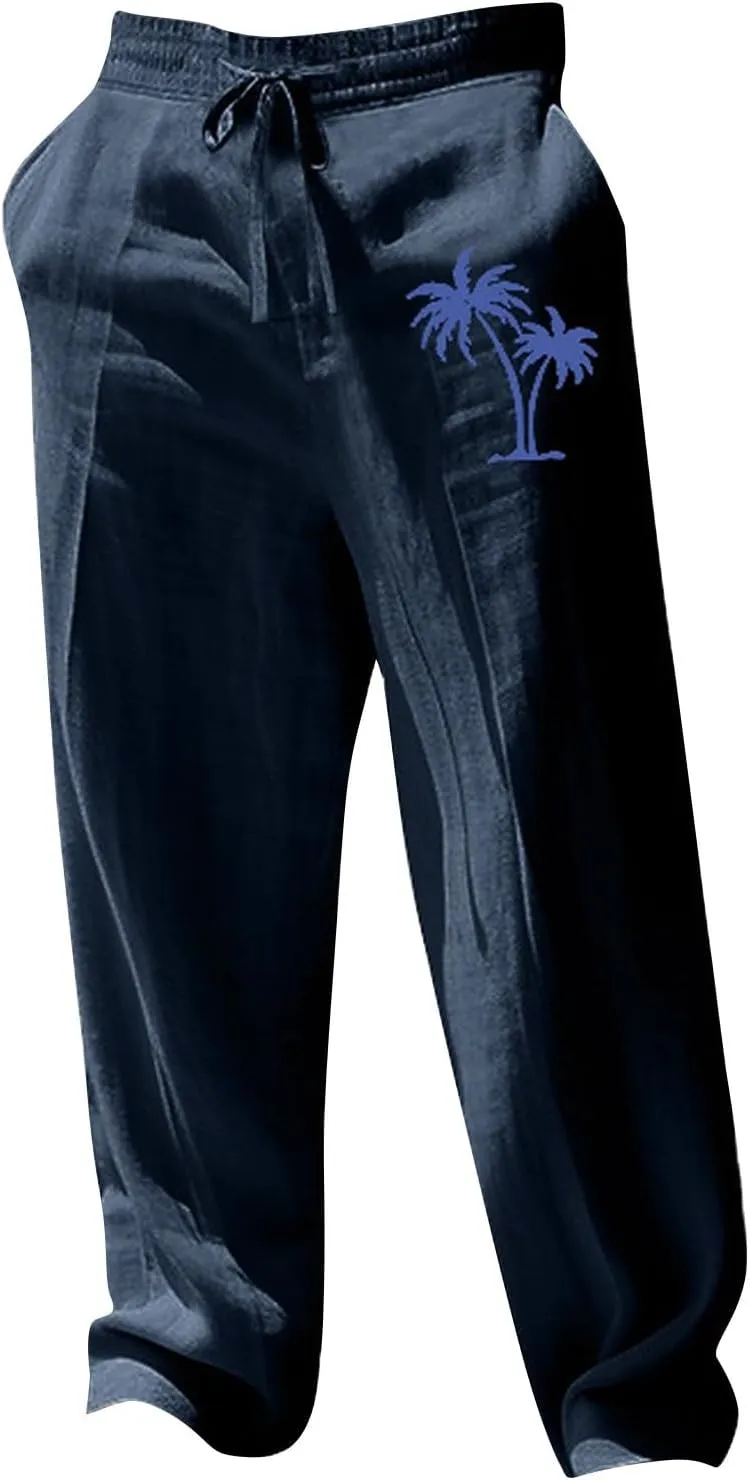 Mens Linen Beach Pants Coconat Tree Graphic Print Dress Pant Comfy Elastic Waist Drawstring Loose Baggy Trousers