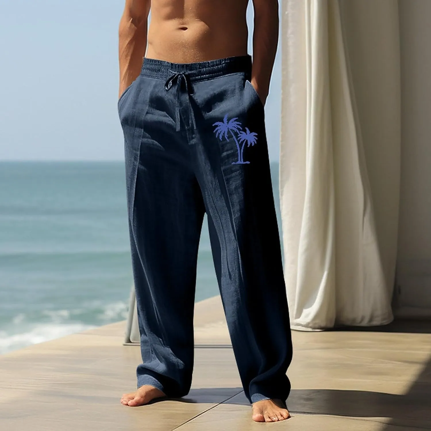 Mens Linen Beach Pants Coconat Tree Graphic Print Dress Pant Comfy Elastic Waist Drawstring Loose Baggy Trousers