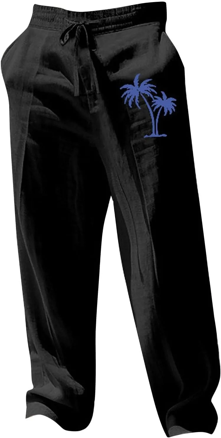 Mens Linen Beach Pants Coconat Tree Graphic Print Dress Pant Comfy Elastic Waist Drawstring Loose Baggy Trousers