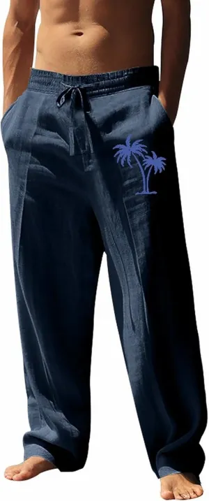 Mens Linen Beach Pants Coconat Tree Graphic Print Dress Pant Comfy Elastic Waist Drawstring Loose Baggy Trousers