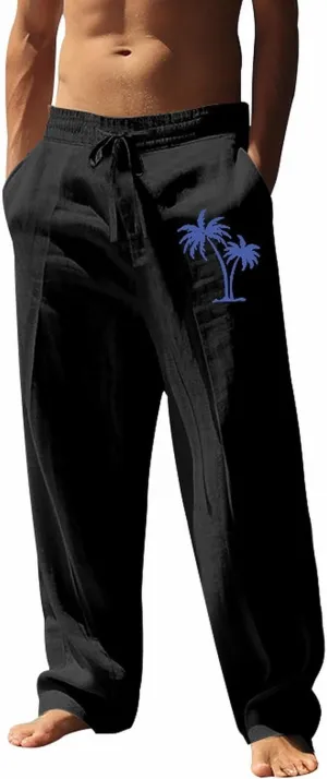 Mens Linen Beach Pants Coconat Tree Graphic Print Dress Pant Comfy Elastic Waist Drawstring Loose Baggy Trousers