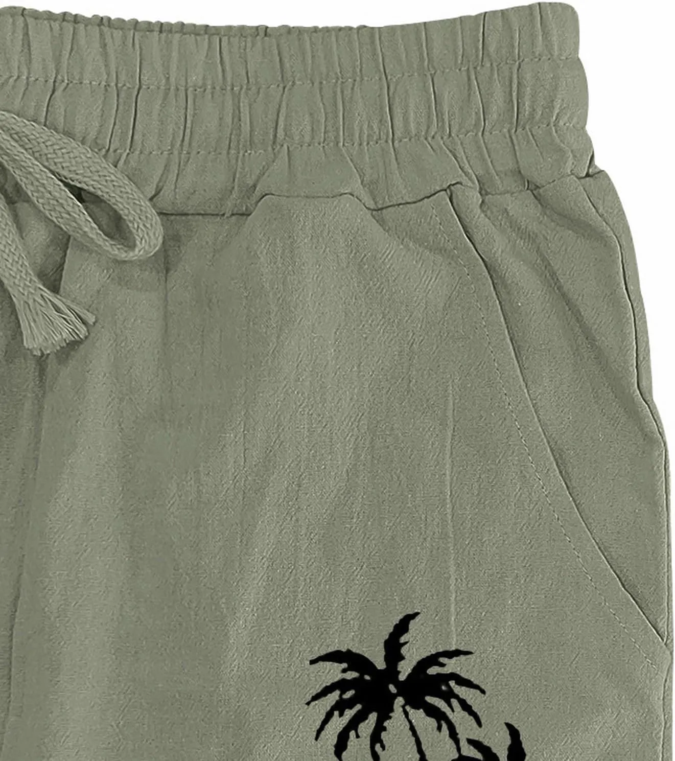 Mens Linen Beach Pants Coconat Tree Graphic Print Dress Pant Comfy Elastic Waist Drawstring Loose Baggy Trousers