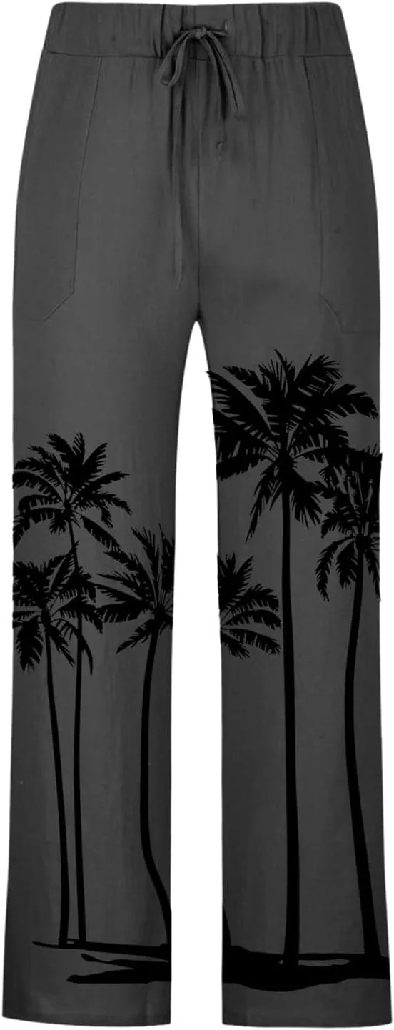 Men's Linen Cotton Pants Loose Fit Coconut Tree Printed Drawstring Casual Lightweight Elastic Waist Beach Pants