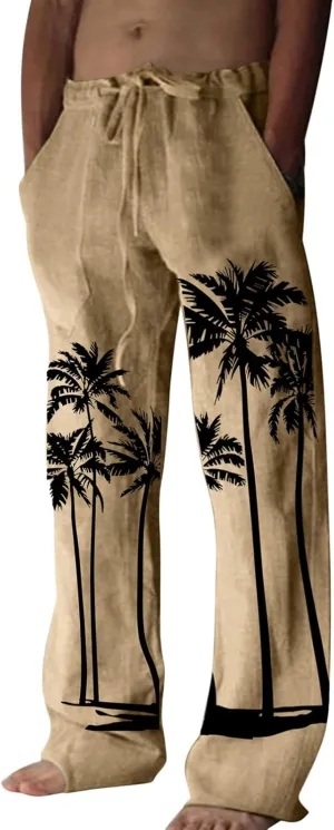 Men's Linen Cotton Pants Loose Fit Coconut Tree Printed Drawstring Casual Lightweight Elastic Waist Beach Pants