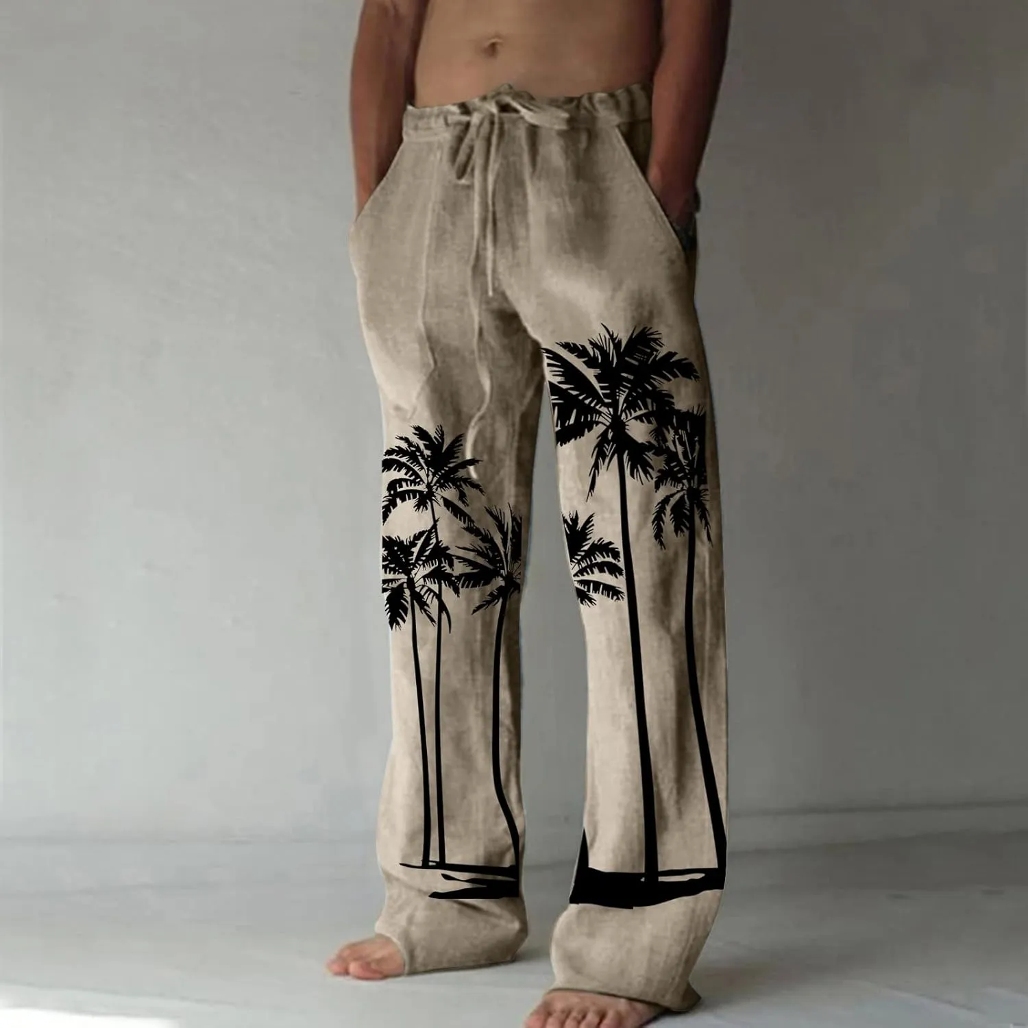 Men's Linen Cotton Pants Loose Fit Coconut Tree Printed Drawstring Casual Lightweight Elastic Waist Beach Pants