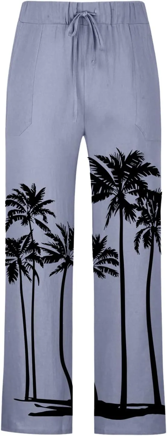 Men's Linen Cotton Pants Loose Fit Coconut Tree Printed Drawstring Casual Lightweight Elastic Waist Beach Pants