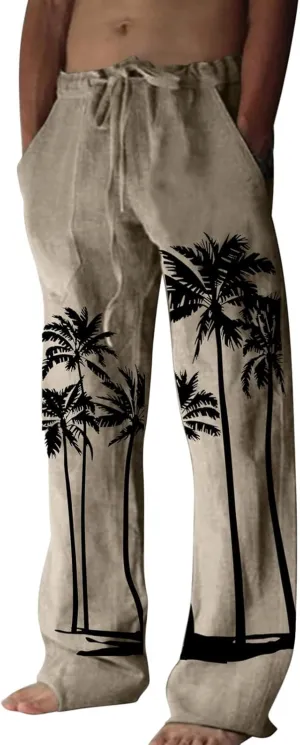 Men's Linen Cotton Pants Loose Fit Coconut Tree Printed Drawstring Casual Lightweight Elastic Waist Beach Pants