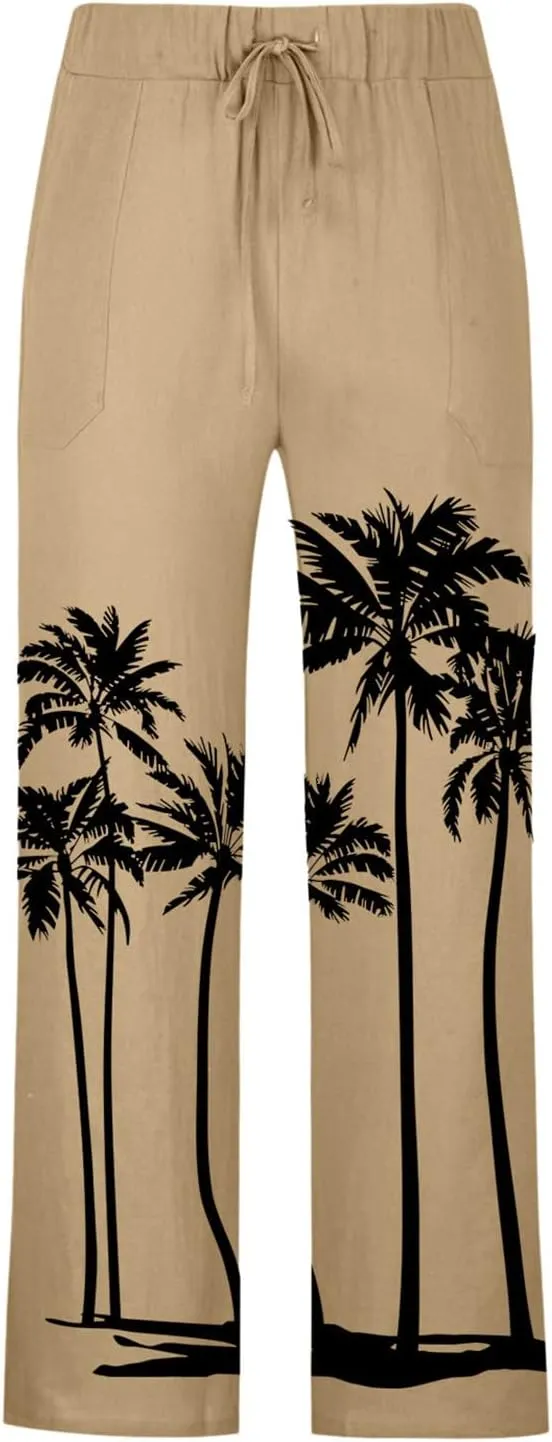 Men's Linen Cotton Pants Loose Fit Coconut Tree Printed Drawstring Casual Lightweight Elastic Waist Beach Pants