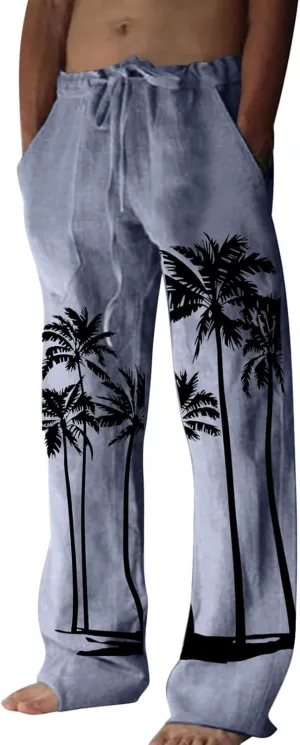 Men's Linen Cotton Pants Loose Fit Coconut Tree Printed Drawstring Casual Lightweight Elastic Waist Beach Pants