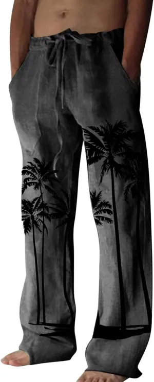 Men's Linen Cotton Pants Loose Fit Coconut Tree Printed Drawstring Casual Lightweight Elastic Waist Beach Pants