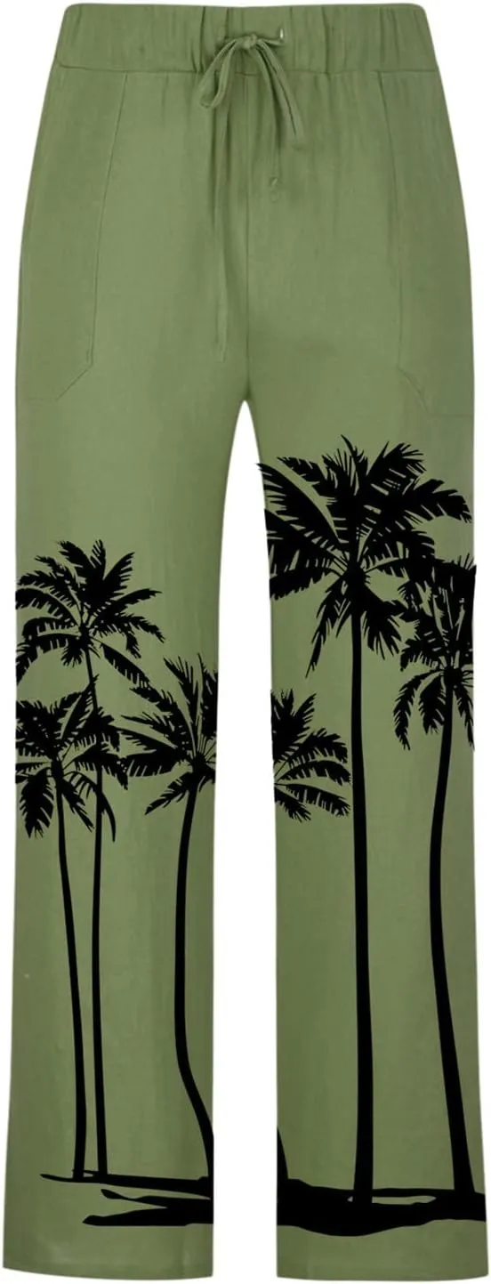 Men's Linen Cotton Pants Loose Fit Coconut Tree Printed Drawstring Casual Lightweight Elastic Waist Beach Pants