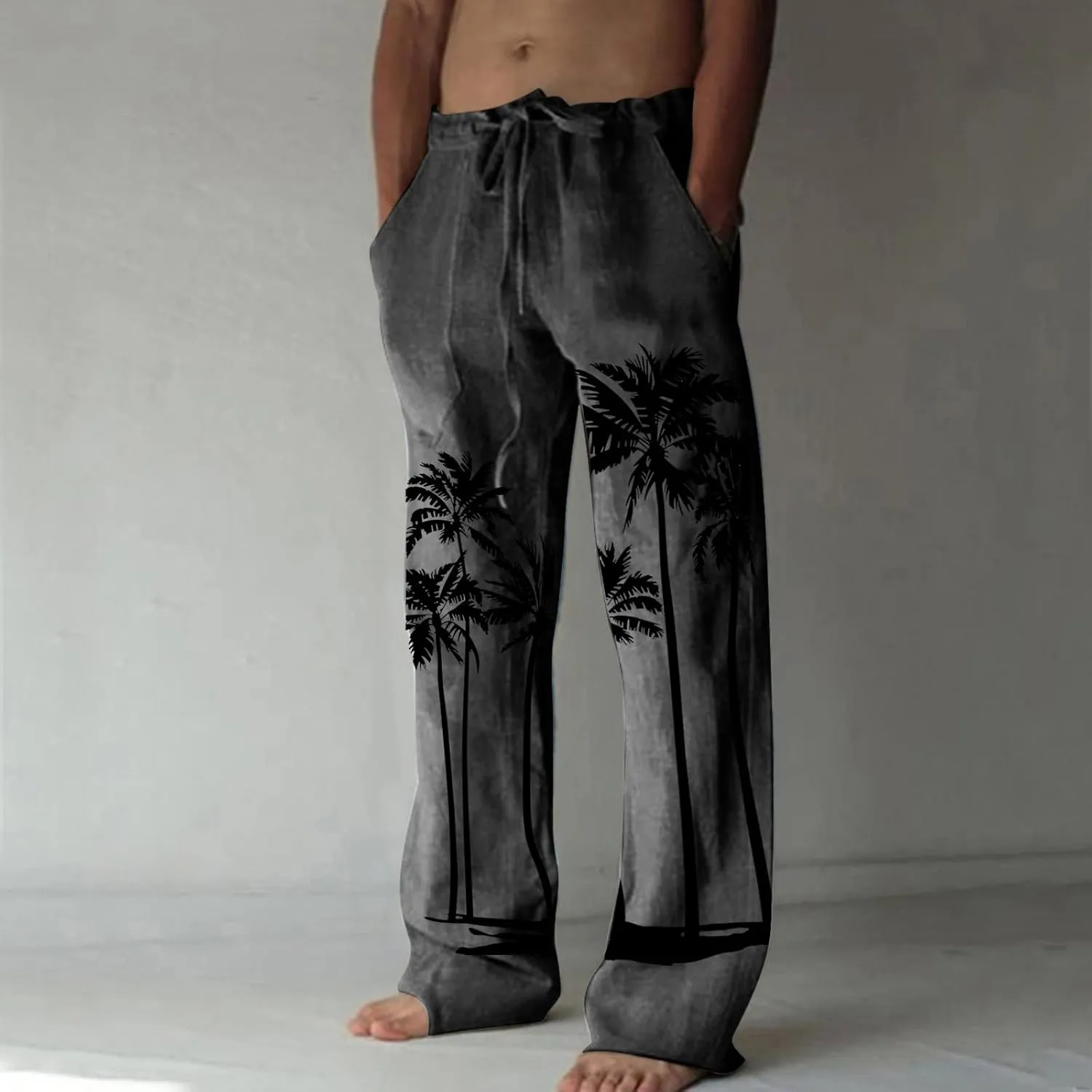 Men's Linen Cotton Pants Loose Fit Coconut Tree Printed Drawstring Casual Lightweight Elastic Waist Beach Pants