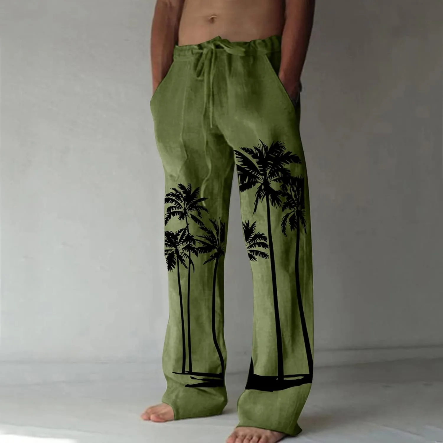 Men's Linen Cotton Pants Loose Fit Coconut Tree Printed Drawstring Casual Lightweight Elastic Waist Beach Pants